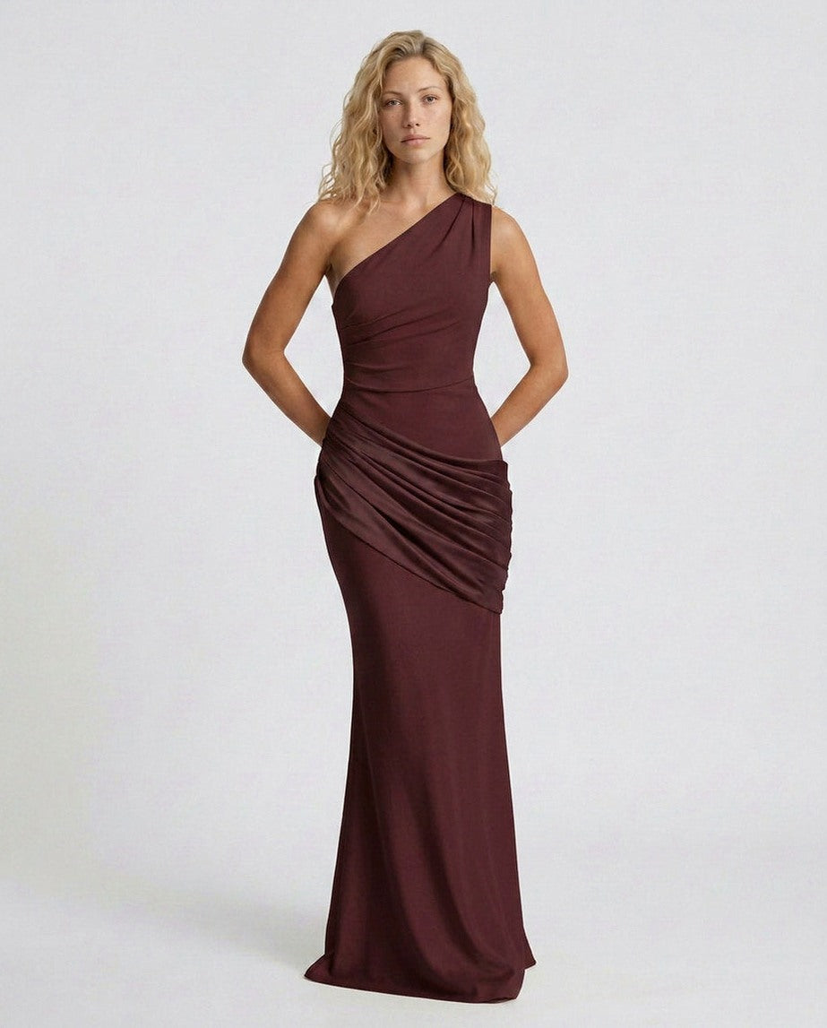 Satin One Shoulder Draped Column Maxi Dress