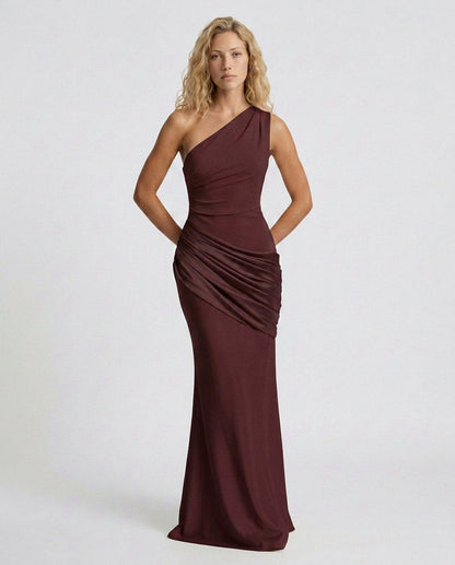 Satin One Shoulder Draped Column Maxi Dress