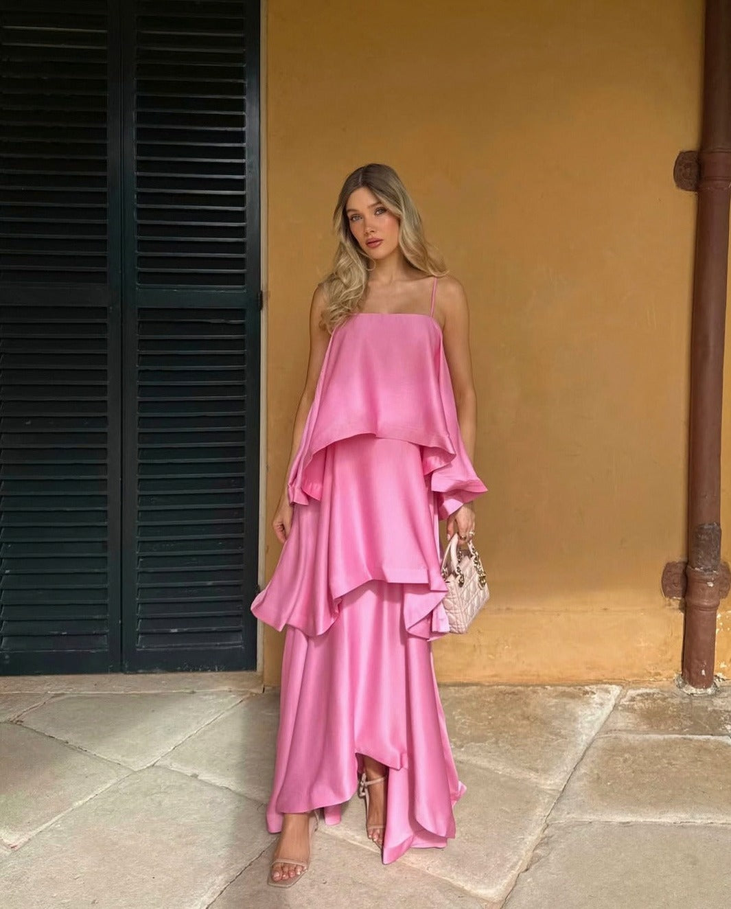 Satin Tiered Backless Maxi Dress