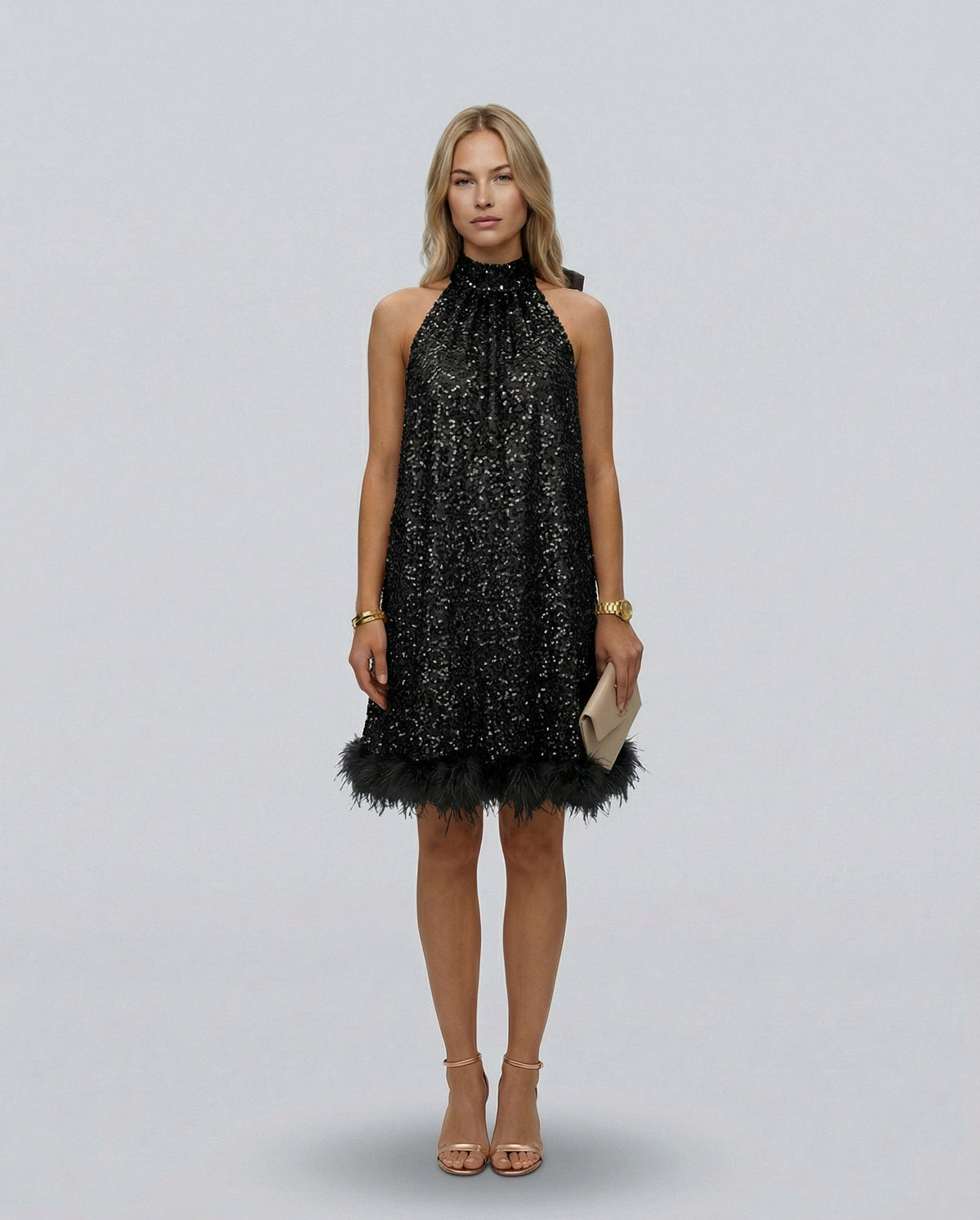 Sequin Halter Feather Hem Mini Dress