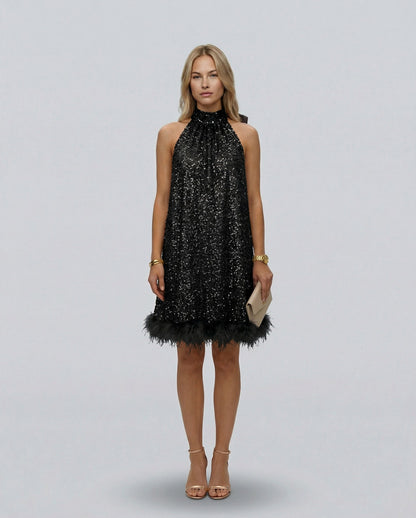 Sequin Halter Feather Hem Mini Dress