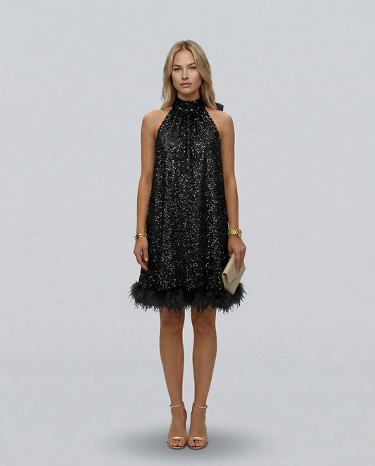 Sequin Halter Feather Hem Mini Dress