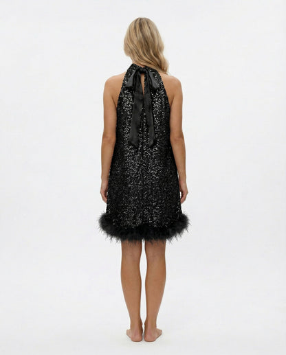 Sequin Halter Feather Hem Mini Dress