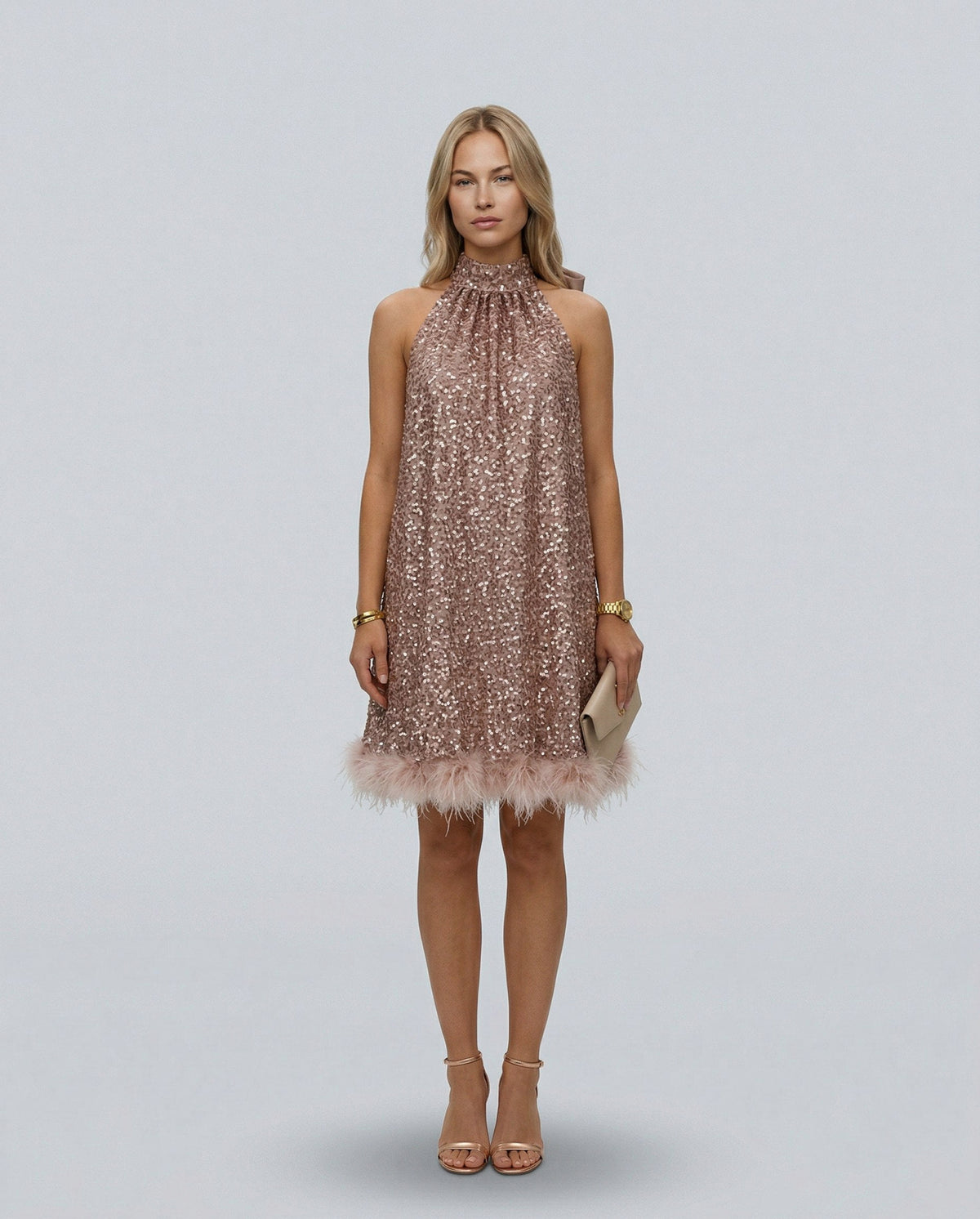 Sequin Halter Feather Hem Mini Dress