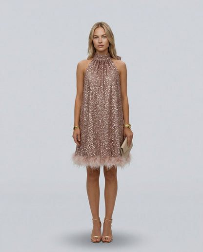 Sequin Halter Feather Hem Mini Dress