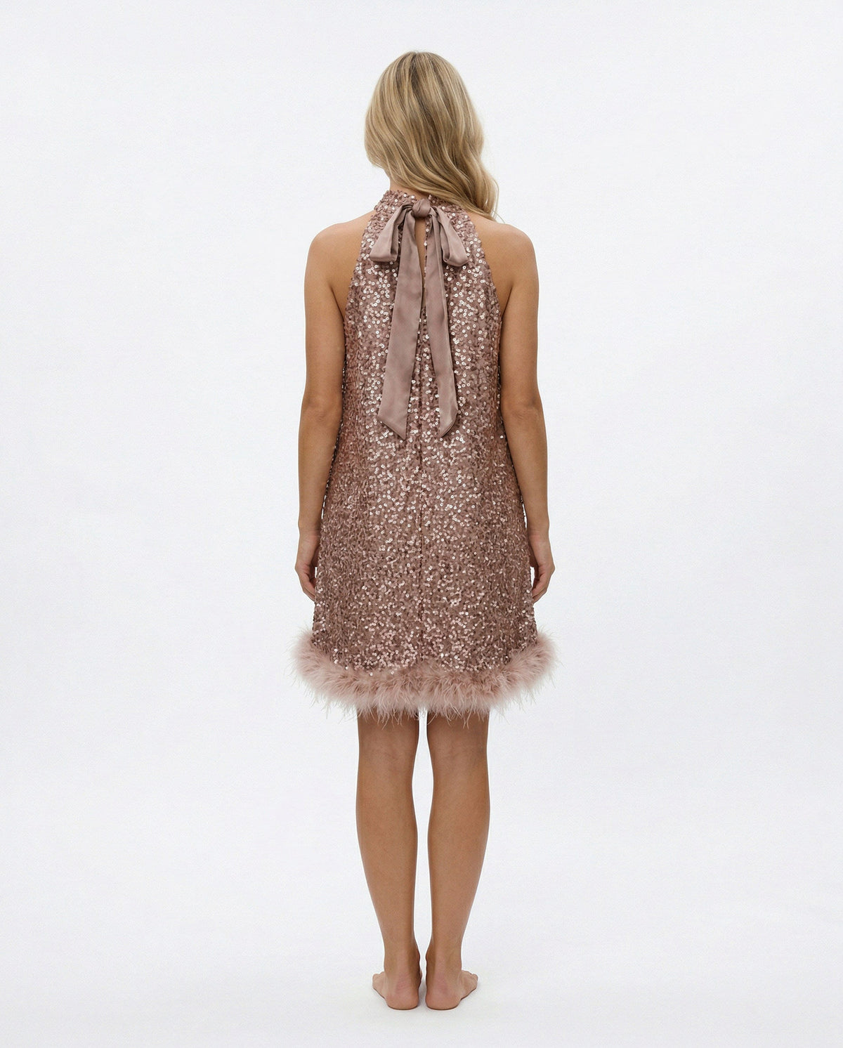 Sequin Halter Feather Hem Mini Dress