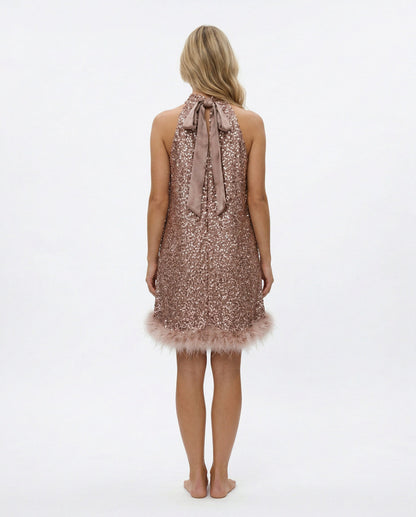 Sequin Halter Feather Hem Mini Dress