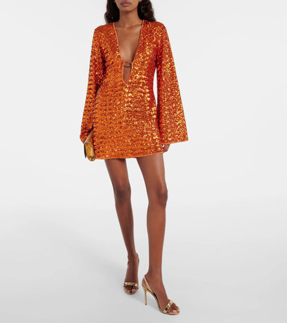 Sequin Plunge Long Sleeve Mini Dress