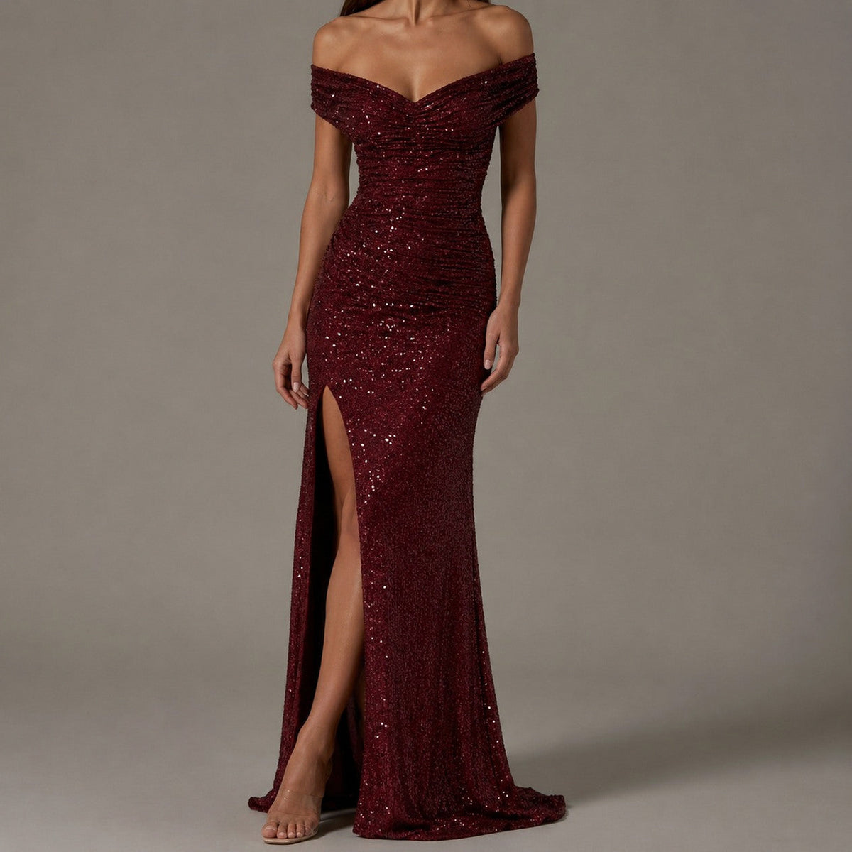 Sequin Ruched Off-Shoulder Maxi Dress