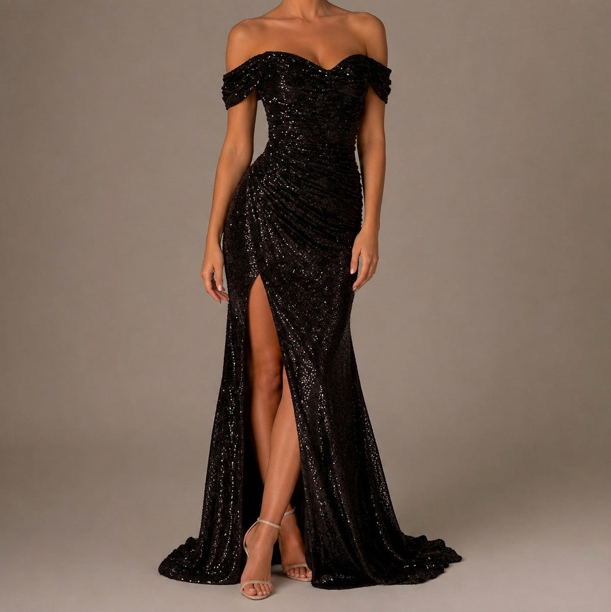 Sequin Ruched Off-Shoulder Maxi Dress