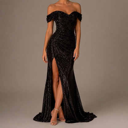 Sequin Ruched Off-Shoulder Maxi Dress