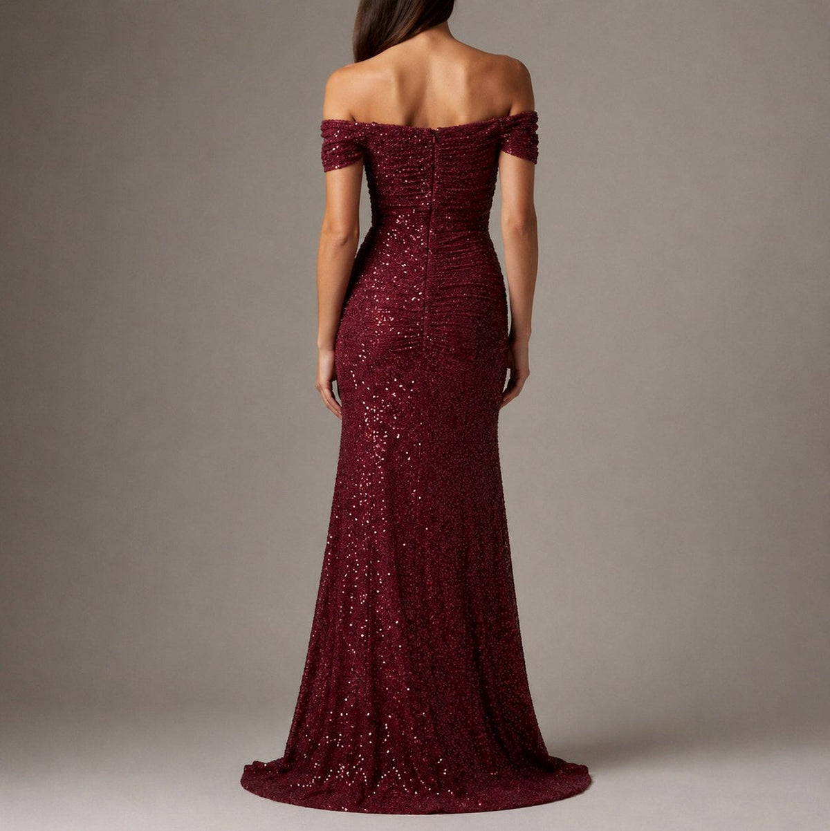 Sequin Ruched Off-Shoulder Maxi Dress