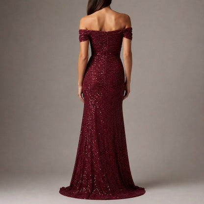 Sequin Ruched Off-Shoulder Maxi Dress