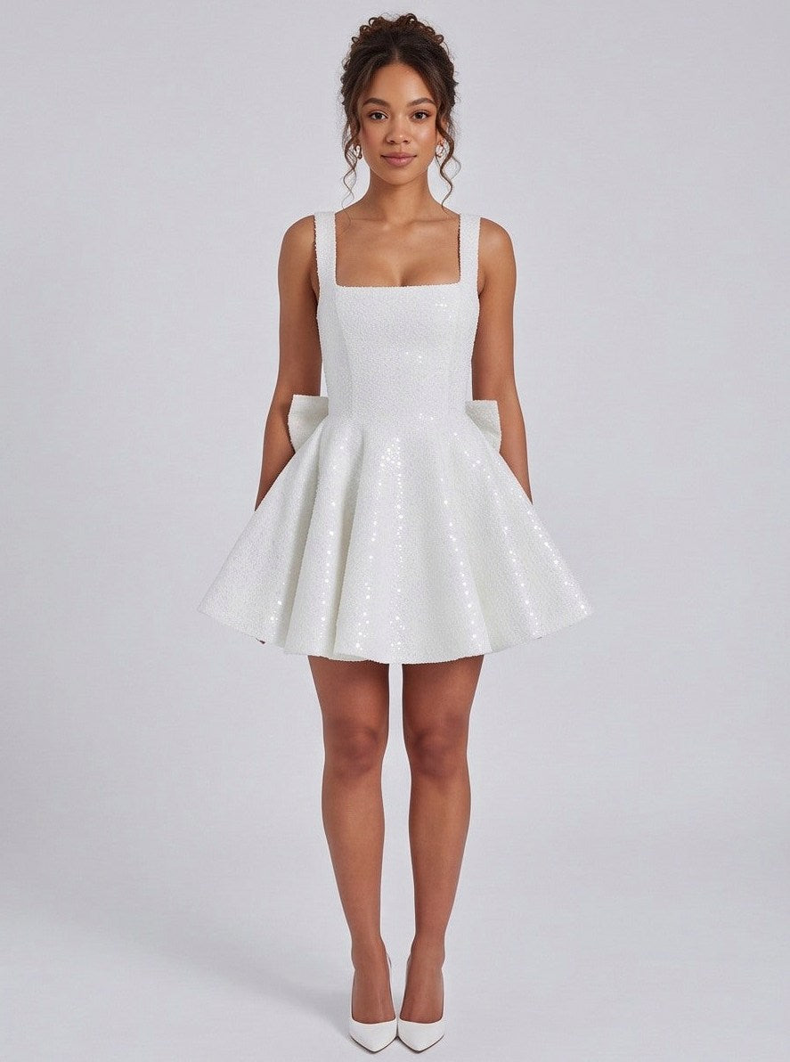 Sequin Square Neck Back Bow Mini Dress