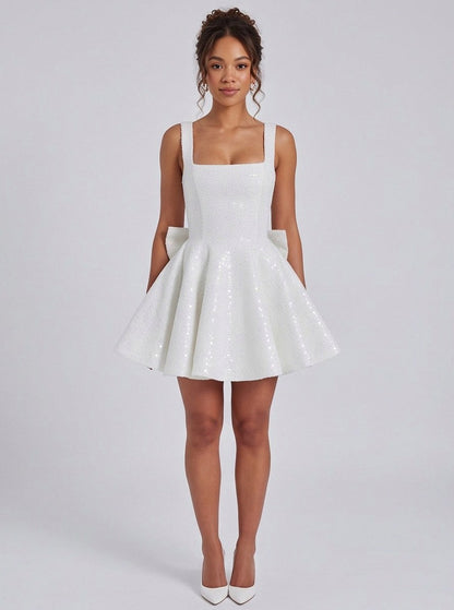 Sequin Square Neck Back Bow Mini Dress