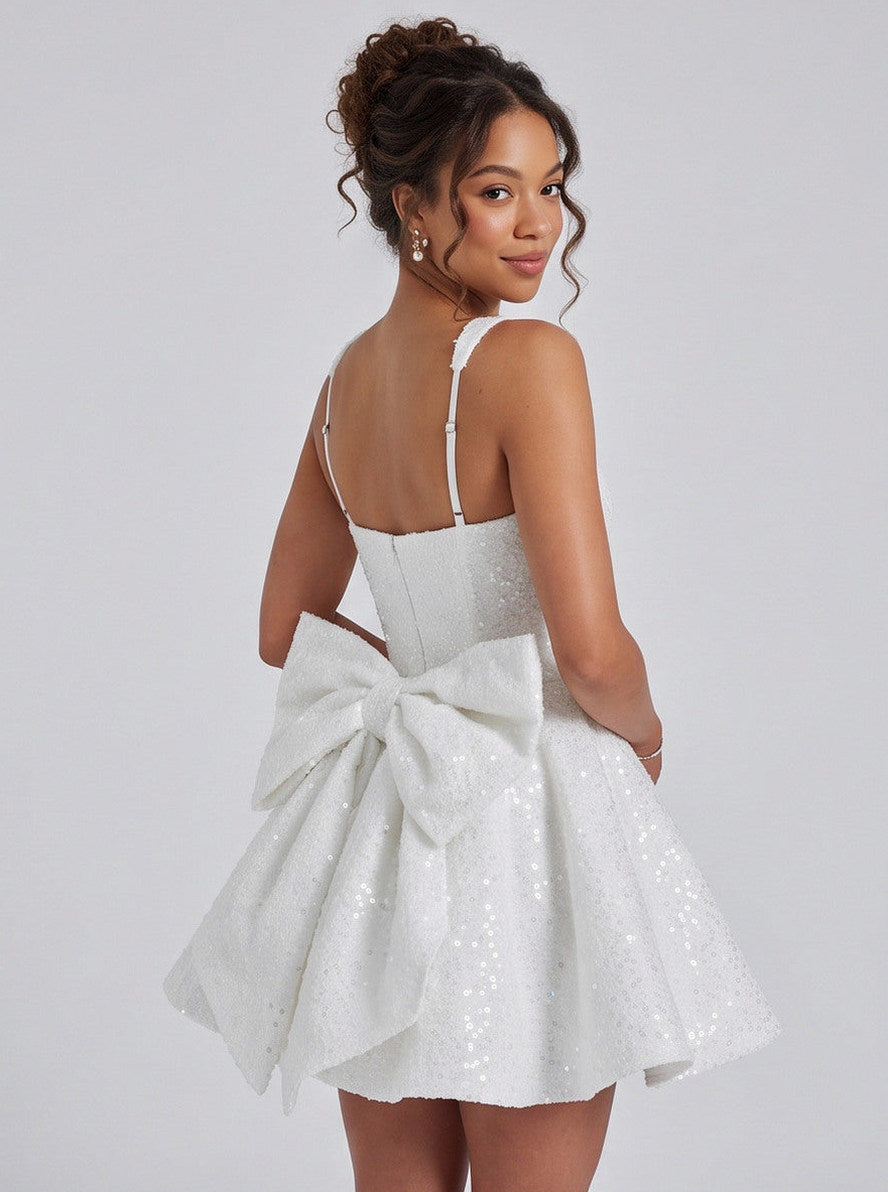 Sequin Square Neck Back Bow Mini Dress