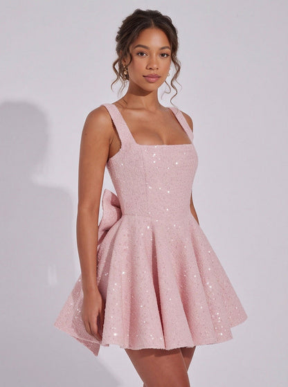 Sequin Square Neck Back Bow Mini Dress
