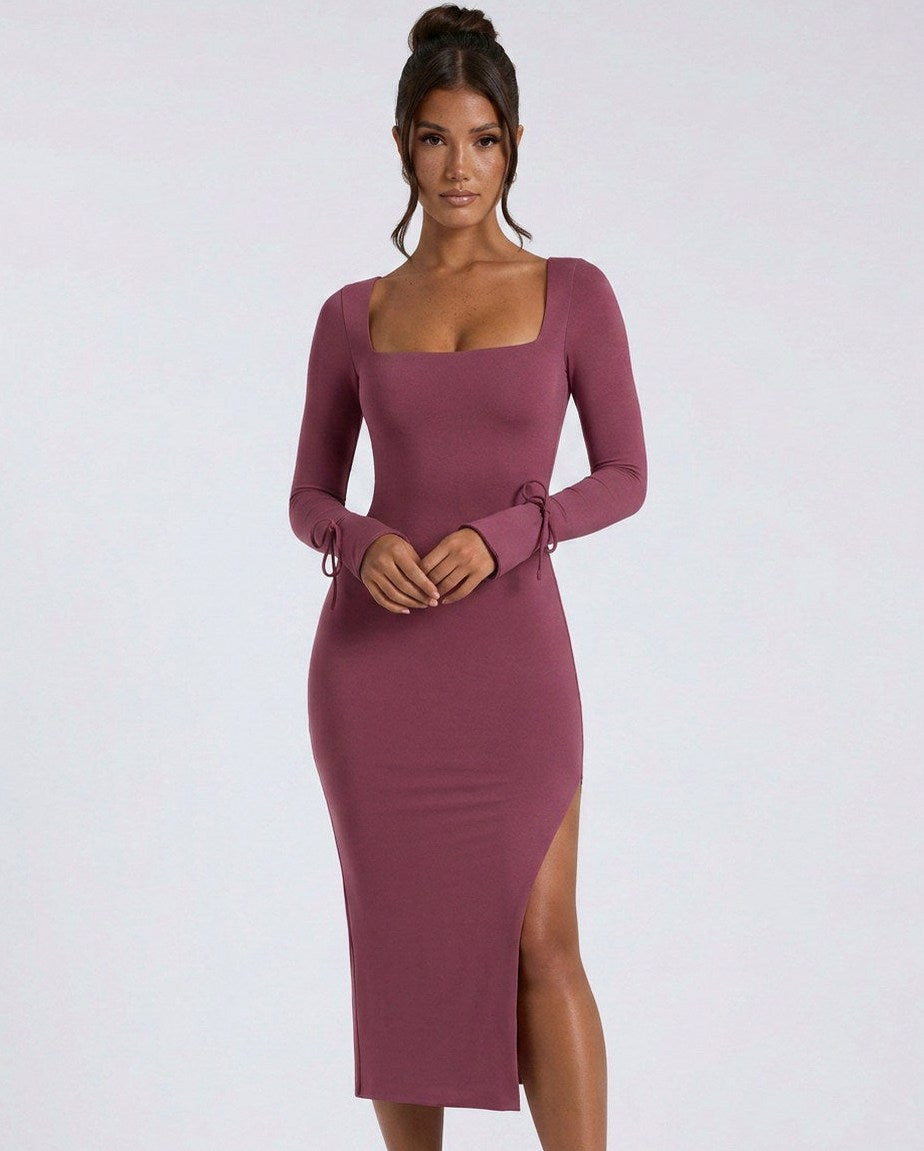 Square Neck Long Sleeve Midi Dress