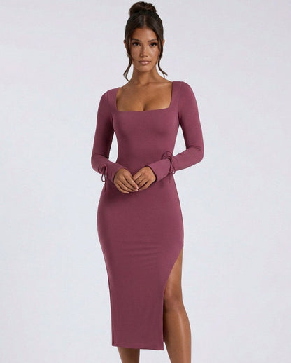 Square Neck Long Sleeve Midi Dress