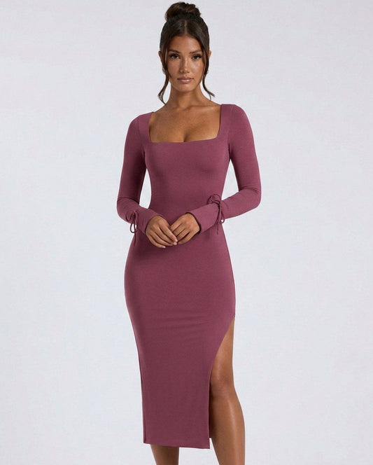 Square Neck Long Sleeve Midi Dress