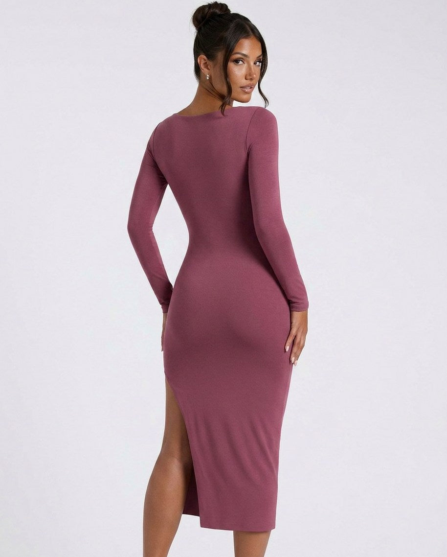 Square Neck Long Sleeve Midi Dress