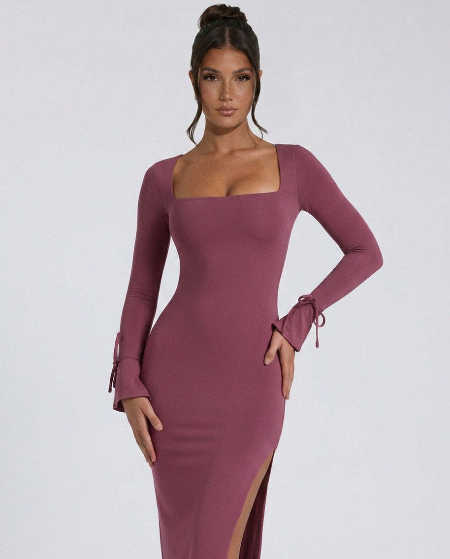 Square Neck Long Sleeve Midi Dress