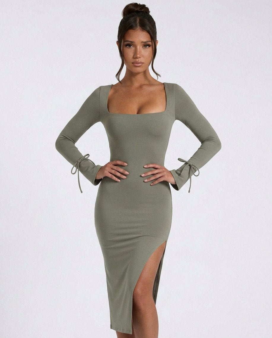 Square Neck Long Sleeve Midi Dress