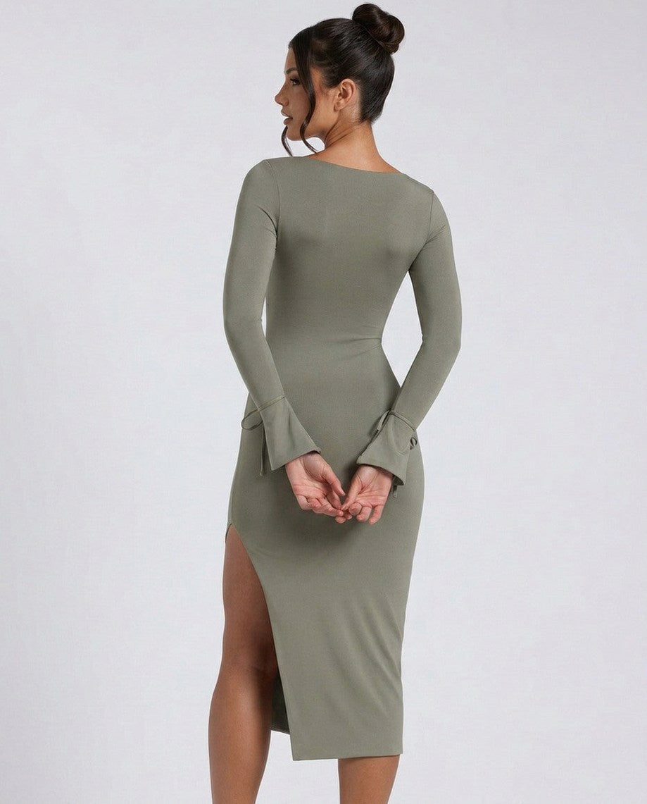 Square Neck Long Sleeve Midi Dress