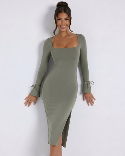 Square Neck Long Sleeve Midi Dress
