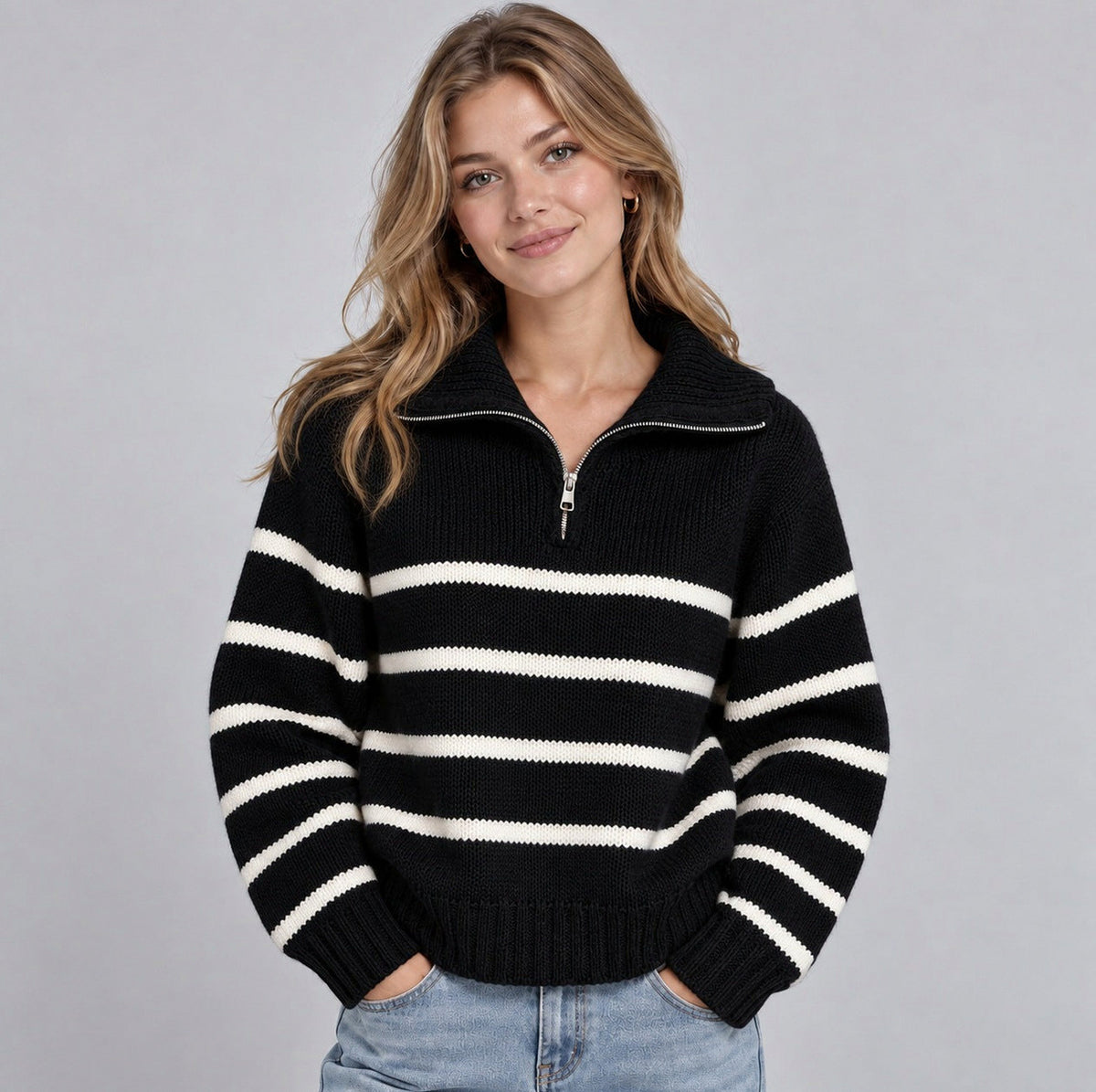 Striped Half Zip Knit Sweater