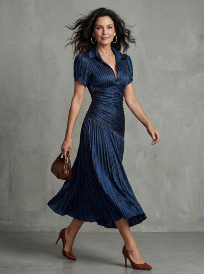 Striped Puff Sleeve Ruched Pleated Midi Dress