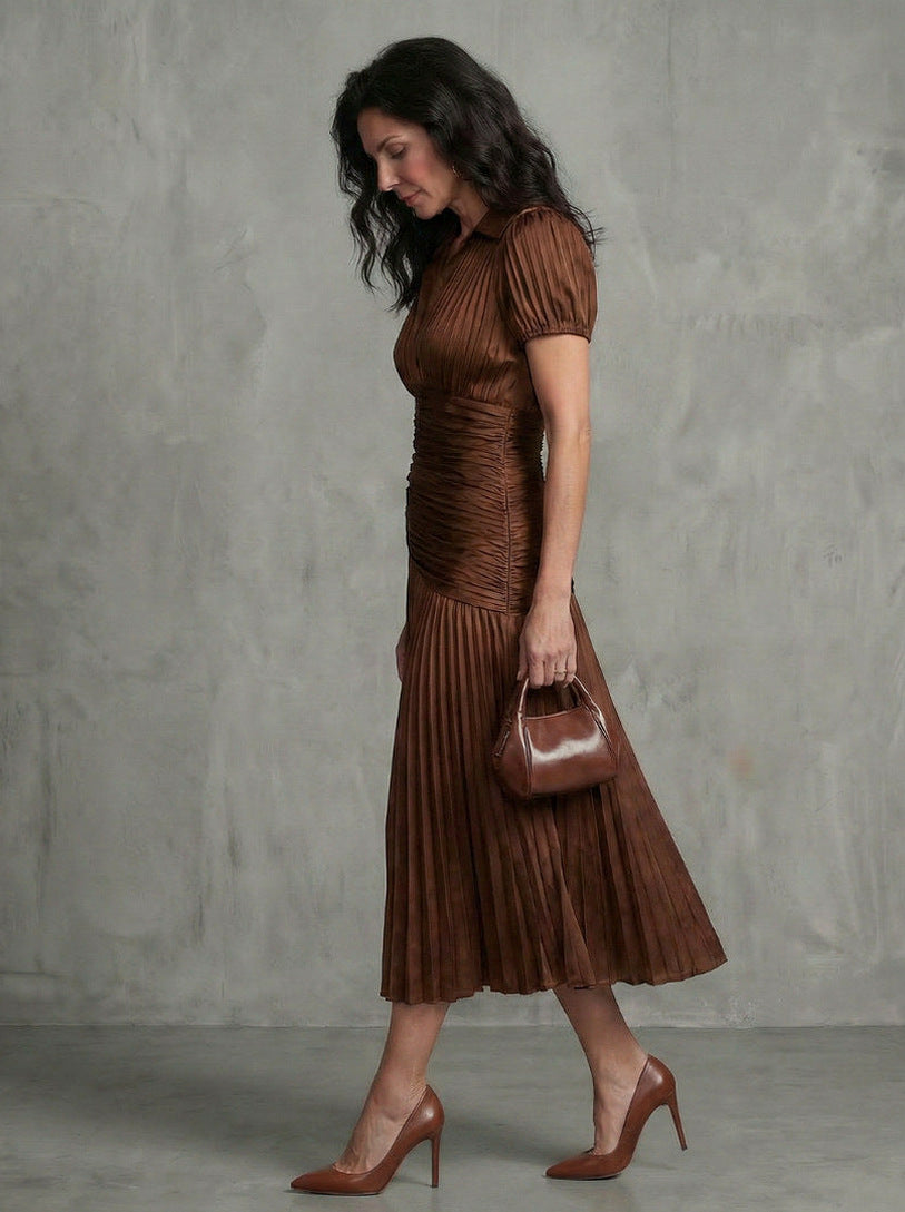 Striped Puff Sleeve Ruched Pleated Midi Dress
