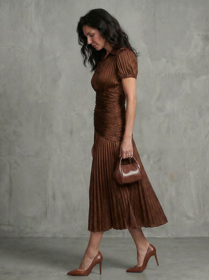 Striped Puff Sleeve Ruched Pleated Midi Dress