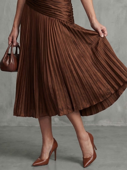 Striped Puff Sleeve Ruched Pleated Midi Dress