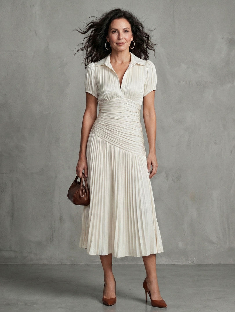 Striped Puff Sleeve Ruched Pleated Midi Dress