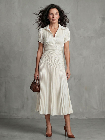 Striped Puff Sleeve Ruched Pleated Midi Dress