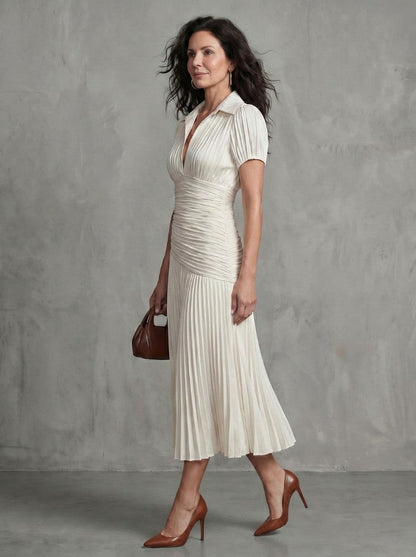Striped Puff Sleeve Ruched Pleated Midi Dress