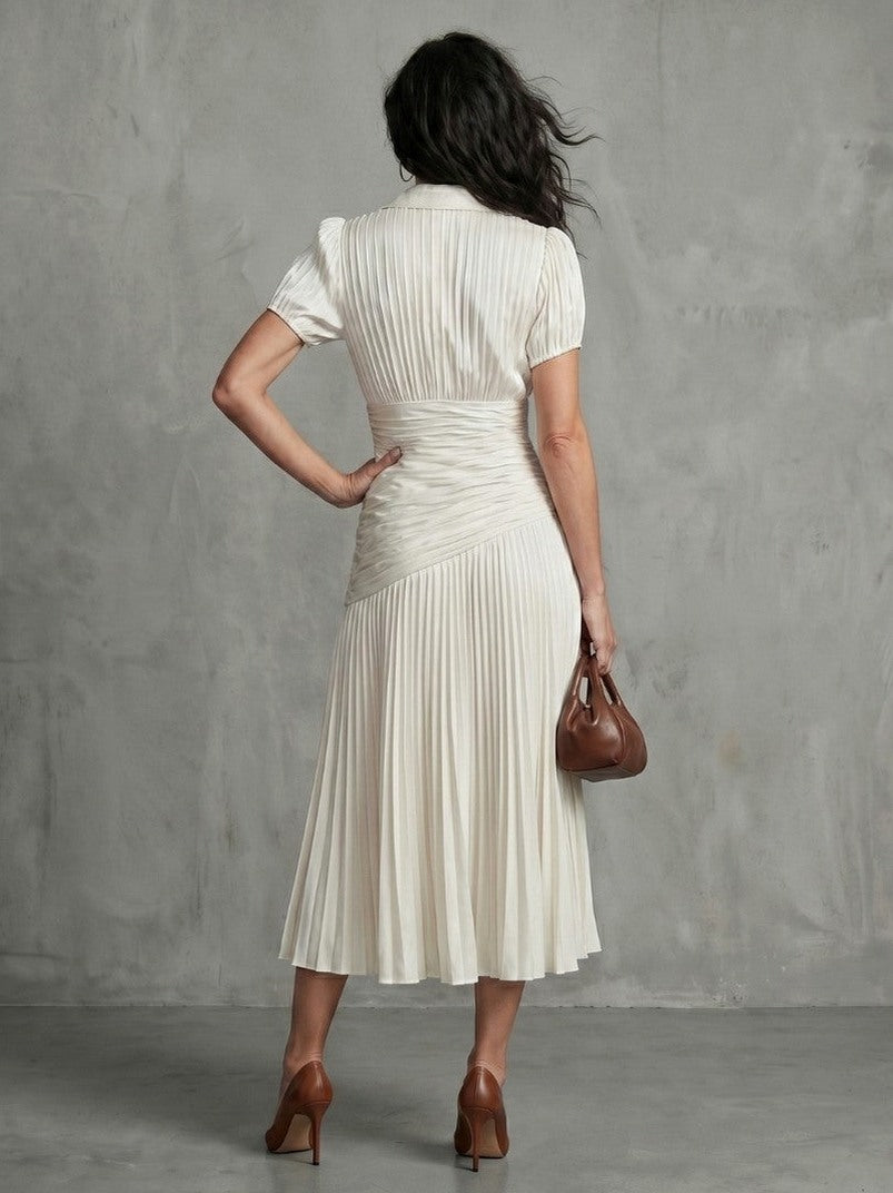 Striped Puff Sleeve Ruched Pleated Midi Dress