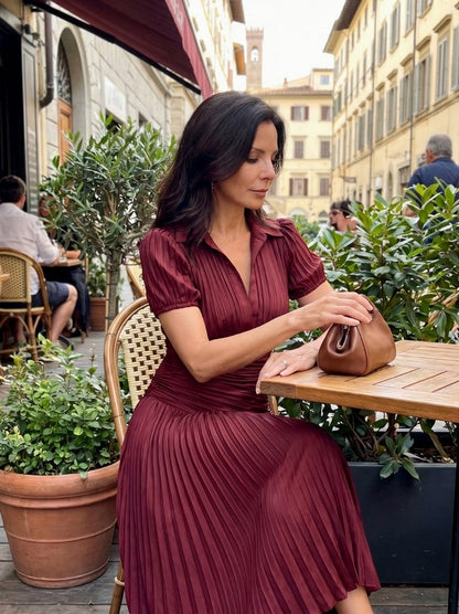 Striped Puff Sleeve Ruched Pleated Midi Dress