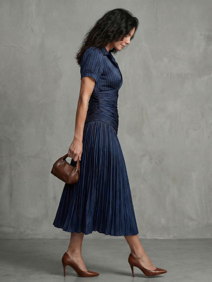 Striped Puff Sleeve Ruched Pleated Midi Dress