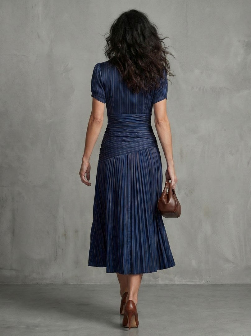 Striped Puff Sleeve Ruched Pleated Midi Dress