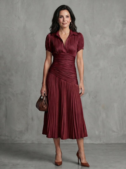 Striped Puff Sleeve Ruched Pleated Midi Dress