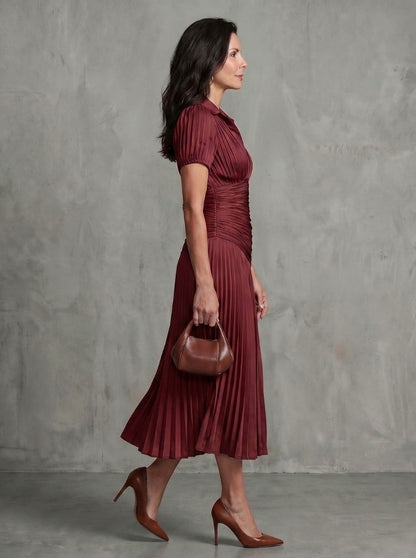 Striped Puff Sleeve Ruched Pleated Midi Dress