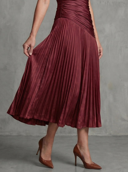 Striped Puff Sleeve Ruched Pleated Midi Dress