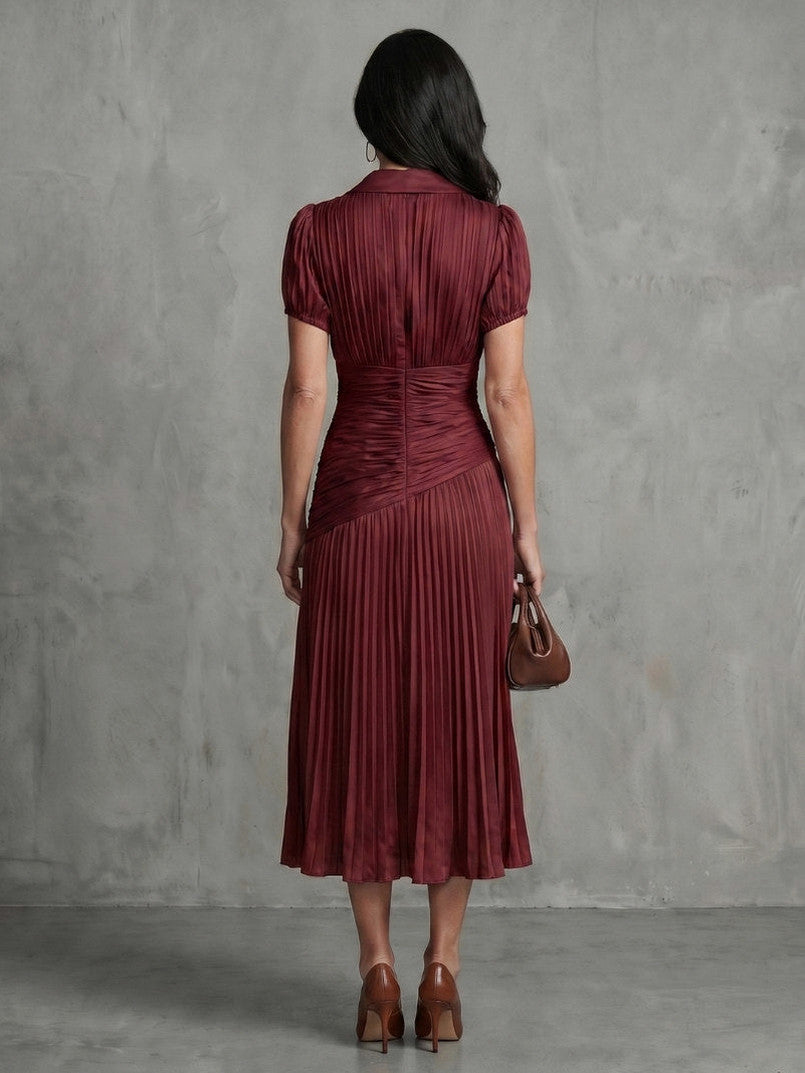 Striped Puff Sleeve Ruched Pleated Midi Dress