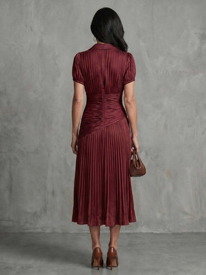 Striped Puff Sleeve Ruched Pleated Midi Dress