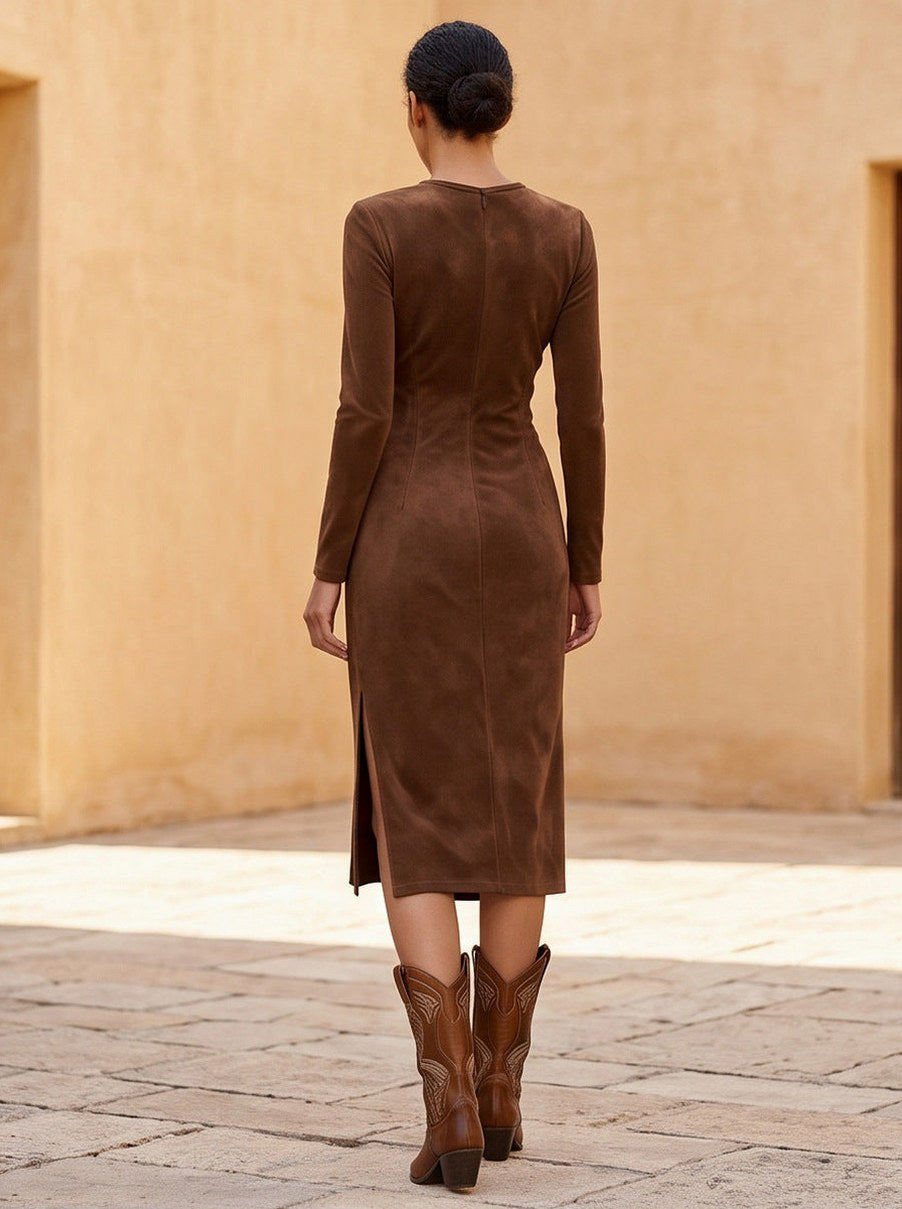 Suede Long Sleeve Fringe Midi Dress