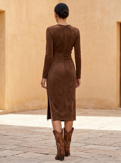 Suede Long Sleeve Fringe Midi Dress