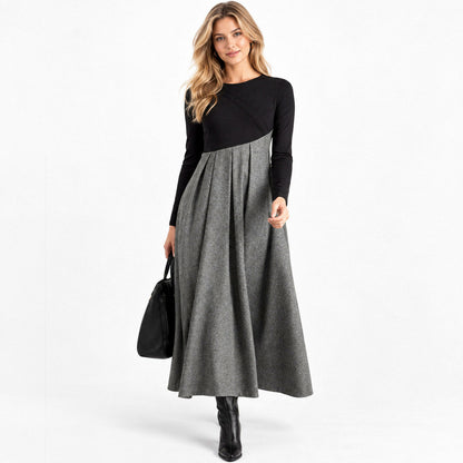 Tweed Pleated Long Sleeve Maxi Dress