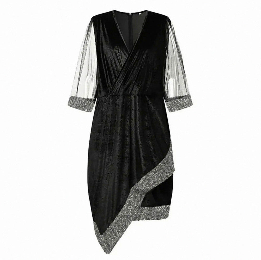 Velvet 3/4 Mesh Sleeve Sequin Midi Dress